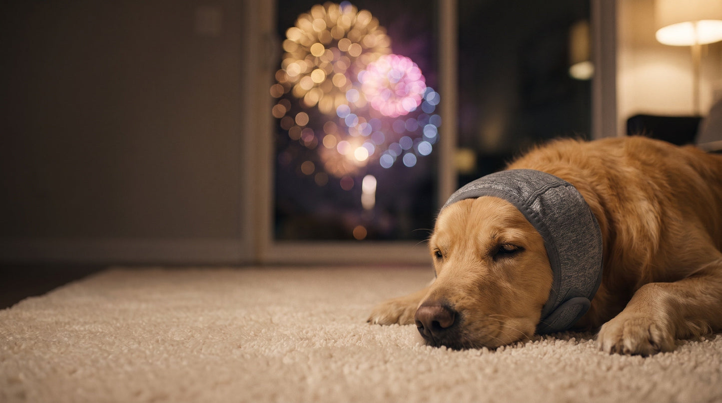 Chien détendu portant le bandeau anti-bruit pendant un feu d’artifice