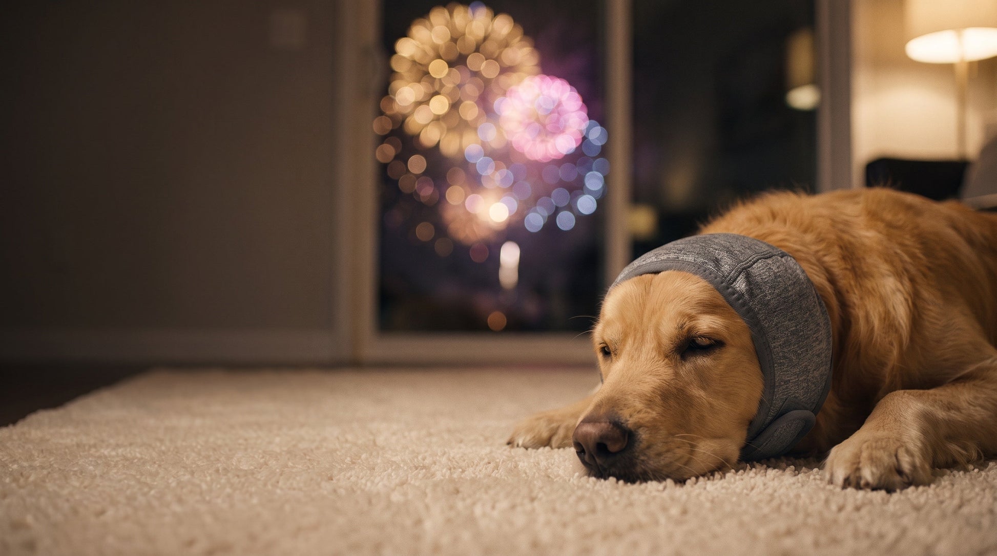 Chien détendu portant le bandeau anti-bruit pendant un feu d’artifice